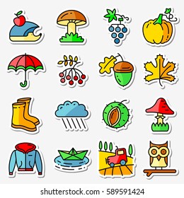 Fall season icons stickers set (thin and simply line style). Web pictogram with autumn and crop objects as mushrooms, paper boat in a pool, field landscape with tractor,  acorn, hedgehog, pumpkin