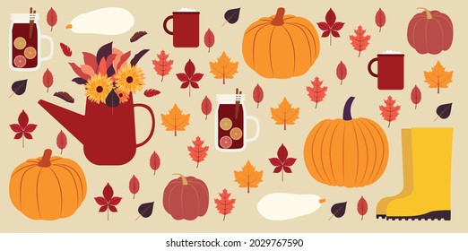 Fall season items background. Vector illustration in flat design. Autumn. Hot chocolate, mulled wine, falling leaves, pumpkins and boots on beige backdrop