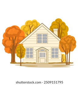 Fall season landscape with cute country house and autumn trees vector illustration isolated on white background, decorative element.