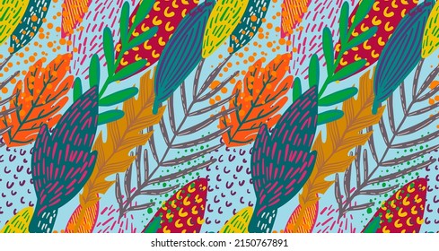 Fall season leaves and foliage, autumn leafage and lush greenery. Composition with vivid scenic forest plants and shrubs twigs. Seamless pattern, wallpaper or print background. Vector in flat style