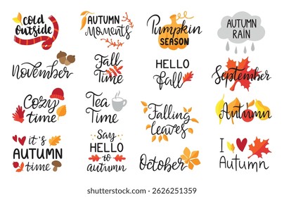 Fall season lettering. Autumn calligraphy and typography handwritten design. Isolated seasonal quotes, november, september, tea time, neoteric vector set
