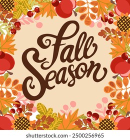 Fall season lettering, autumn decorative hand drawn vector card.