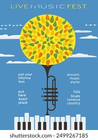 Fall Season Live Music Festival minimal design vector poster. Piano, trumpet silhouette, autumn tree cartoon illustration. Autumn Music Fest performance promotion, outdoor event celebration background