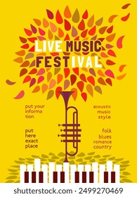 Fall Season Live Music Festival minimal design vector poster. Piano, trumpet silhouette, falling leaves cartoon illustration. Autumn Vibes Music Fest performance, outdoor event celebration background