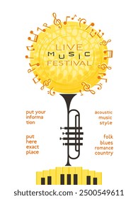 Fall Season Live Music Festival minimal design vector poster. Piano, trumpet silhouette, autumn tree cartoon illustration. Autumn Music Fest concert performance live event celebration flyer background