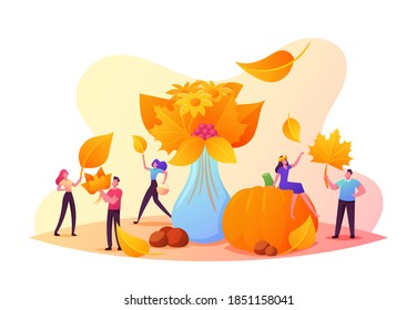 Fall Season, Outdoor Activity. Tiny Male and Female Characters Collecting Autumn Bouquet of Colorful Fallen Leaves, Flowers and Berries. People at Huge Ripe Pumpkin. Cartoon Vector Illustration