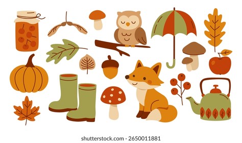 Temporada de outono. Coruja, Raposa, Abóbora, Cogumelos, Botas de borracha, Engarrafamento, Acorn, Chaleira, Guarda-chuva. Floresta de outono. Coleção de elementos fall no estilo desenhado à mão