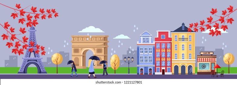 Fall season in Paris. Vector flat illustration of cityscape with Eiffel tower, Triumphal Arch and old buildings. Autumn travel to France design.