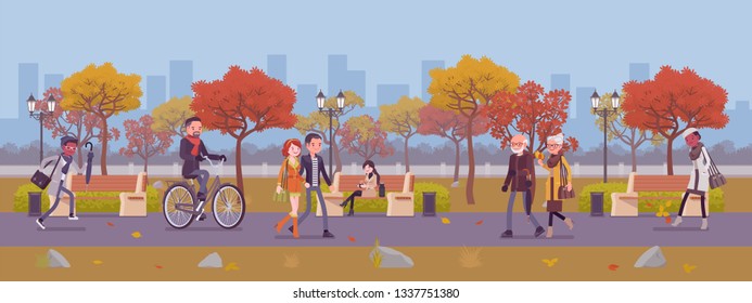 Fall season park zone with people. Large public garden in autumn, land area with yellow grass and trees for fun and recreation, happy citizens enjoy open air activities and walk. Vector illustration