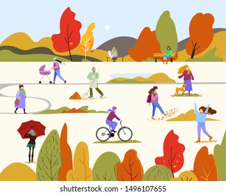 Fall season park zone with people. Public garden in autumn, happy citizens enjoy open air activities and walk. Vector illustration.