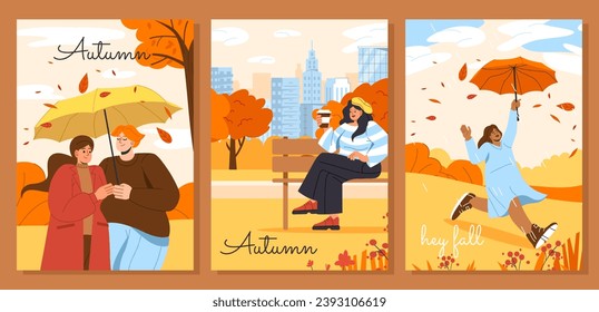 Fall season postcards set. Autumn weather and orange leaves at trees. Man and woman with umbrellas. Love and romance. Cartoon flat vector collection isolated on orange background