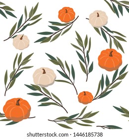 Fall season pumpkin leaves seamless pattern