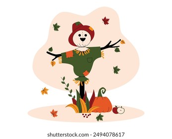 Fall season in the pumpkin patch with a scarecrow, falling leaves, vector illustration.