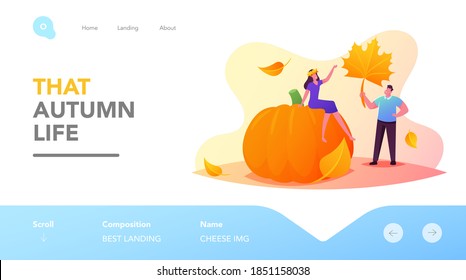 Fall Season Recreation Landing Page Template. Tiny Characters Collecting Autumn Bouquet of Colorful Fallen Leaves, Woman in Wreath Sitting on Huge Ripe Pumpkin. Cartoon People Vector Illustration