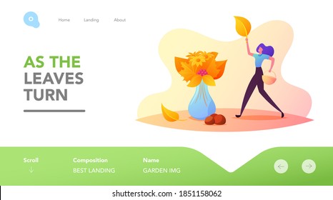 Fall Season Recreation Landing Page Template. Cheerful Tiny Female Character Collecting Huge Autumn Bouquet of Colorful Fallen Leaves, Flowers and Berries into Huge Vase. Cartoon Vector Illustration