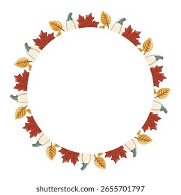 Marco redondo de la temporada de otoño con calabazas y hojas de otoño. Vector de dibujos animados ilustración aislada sobre fondo blanco