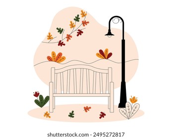 Fall season scenery in city park, chairs and lamps as public facilities, vector illustration.