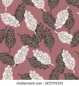 Fall season seamless nature pattern with contoured white and brown leaves on pale pink background. Vector illustration for seasonal textile prints, fabric, banners, backdrops and wallpapers.