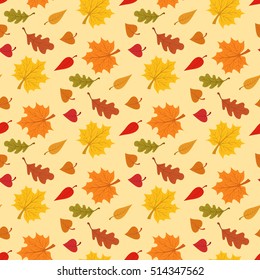 Fall season seamless pattern with leafs on yellow background vector illustration