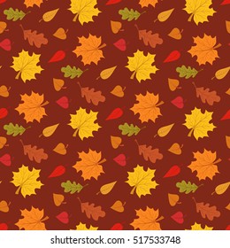 Fall season seamless pattern with leafs on brown background vector illustration