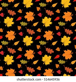 Fall season seamless pattern with leaves on black background vector illustration