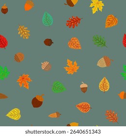 fall season seamless pattern with scattered colorful autumn leaves and acorns on a muted grey background for natural design