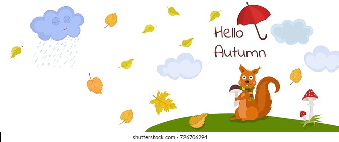Fall season. Set of cute autumn cartoon squirrel. Vector illustration.