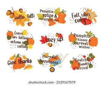 Fall season stickers with pumpkin and falling dry leaves design template set vector flat illustration. Autumn traditional vibes with harvest and positive phrase decorative design calligraphy lettering