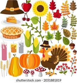 Fall Season and Thanksgiving Decorations Ornaments Elements Pumpkin Pie Sunflower Mushroom Turkey Berry Arcorn Apple Maple Leaves