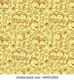 Fall season vector seamless pattern with smiling acorn characters and leaves in doodle style