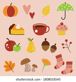 Fall season. Warm colors, cartoon style. Autumn theme set: mushrooms, fruits, vegetables, leaves, cute cozy attributes.Flat vector illustration