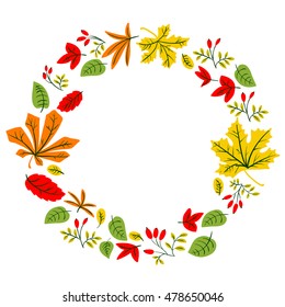  Fall season wreath. Vector design with doodle colorful leaves and berries of wild rose . Element for cards, posters and seasonal backgrounds. Isolated on white