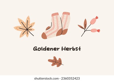 Fall seasonal card design. German autumn lettering with socks, leaves, and berries. German lettering "Goldener Herbst", in English means "Gold Autumn". Vector illustration