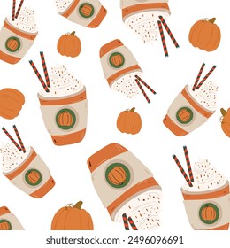 Fall seasonal drink. Autumn cozy pattern with pumpkin and pumpkin latte with cream. Pumpkin spice latte in takeaway cup. Cozy seasonal background