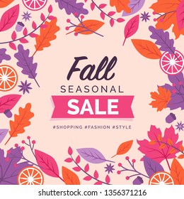 Fall seasonal sale promotional card and social media post design with decorative frame