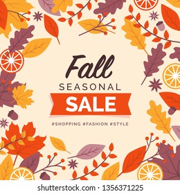 Fall seasonal sale promotional card and social media post design with decorative frame
