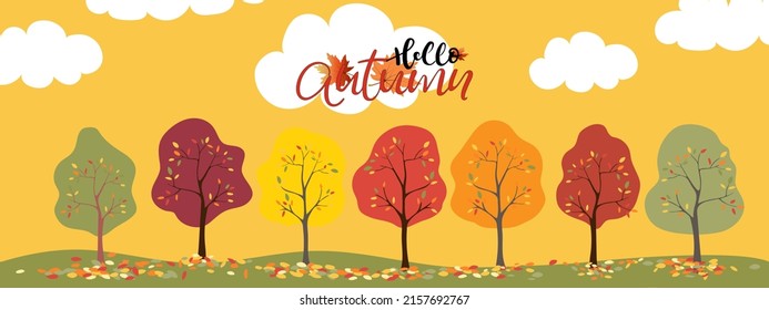 Fall seasonbackground banner Set of Tree with multicolour leaves falling on grround,Vecyor illustration backdrop banner Hello Autumn with colourful Forest trees on yellow background