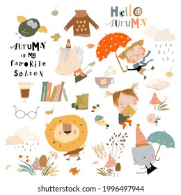 Fall set with cute animals and funny kids