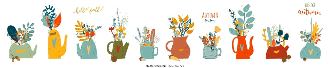 Ropa de ramo Cute en tetera con hojas y flores. Buqué de otoño. Cosecha, acogedores elementos de temporada. Plantilla para tarjeta, afiche, volante, portada. 