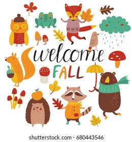 Fall Set With Cute Forest Animals, Leaves And Mushrooms In Cartoon Style. 'Welcome Fall' Poster.