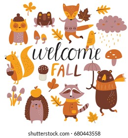 Fall Set With Cute Forest Animals, Leaves And Mushrooms In Cartoon Style. 'Welcome Fall' Poster.
