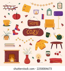 Сozy fall set of elements. interior objects, warm clothes, lights, tea set. vector 