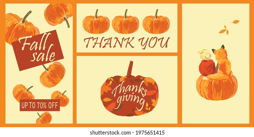 Fall. Set of festive seasonal cards, invitations, banners with girl, fox and pumpkins. Vector illustration in a flat style.