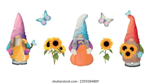 A fall set of gnomes and sunflowers and pumpkins. Three cute gnomes to design fall cards, invitations, for printing on mugs and t-shirts.