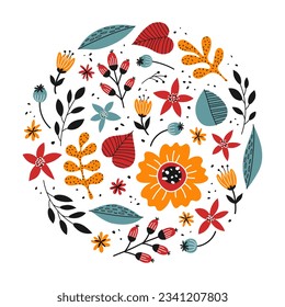 Fall set of hand drawn flowers and leaves. Abstract floral elements in a flat style. Vector illustration