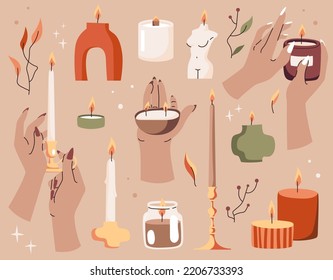 Fall set of hands and candles. Home cozy decor. Collection of handmade organic candles. Flat vector illustration in boho style.