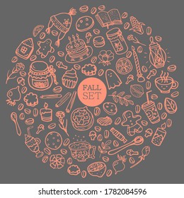 Fall set with orange objects on gray background. Jam, ghost, light, flowers, cookies, cakes, nuts, candles hat leaves lemon coffee tea spoon cups. Vector illustration. Restaurant cafe holidays design.
