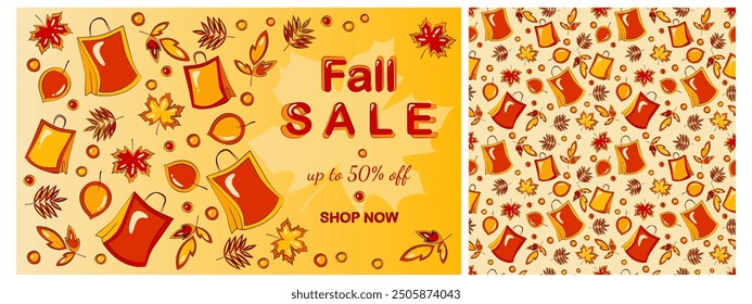 Fall set of a sale banner and a seamless pattern with fall leaves and paper bags in bright autumn colos. Editable text