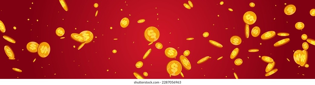 Fall Shiny Currency Vector Red Panoramic Background. Gold Money Casino Flyer. Golden Cash Brochure. Flow Finance Certificate.