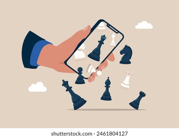 Сhess fall from a smartphone. Business strategy and logics concept. Intellectual game, politics. Flat vector illustration.